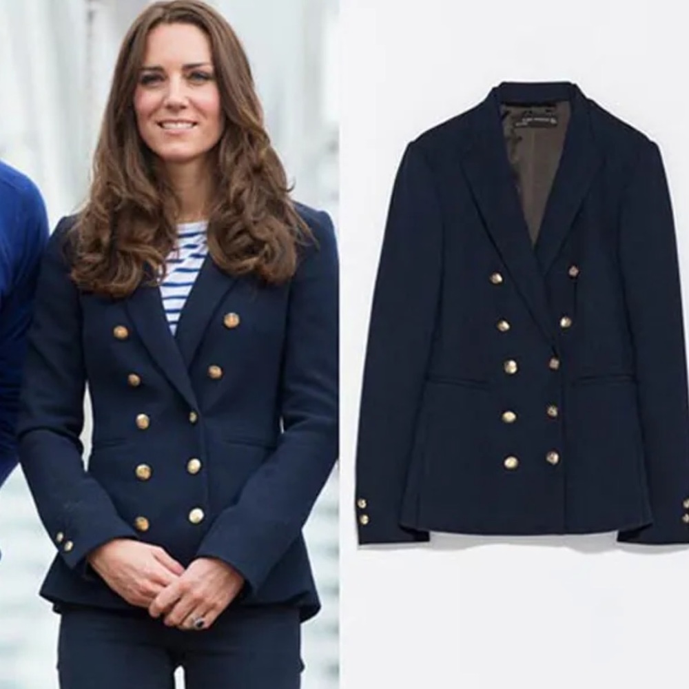 ZARA Double Breasted Navy Blue Blazer Jacket Gold Buttons